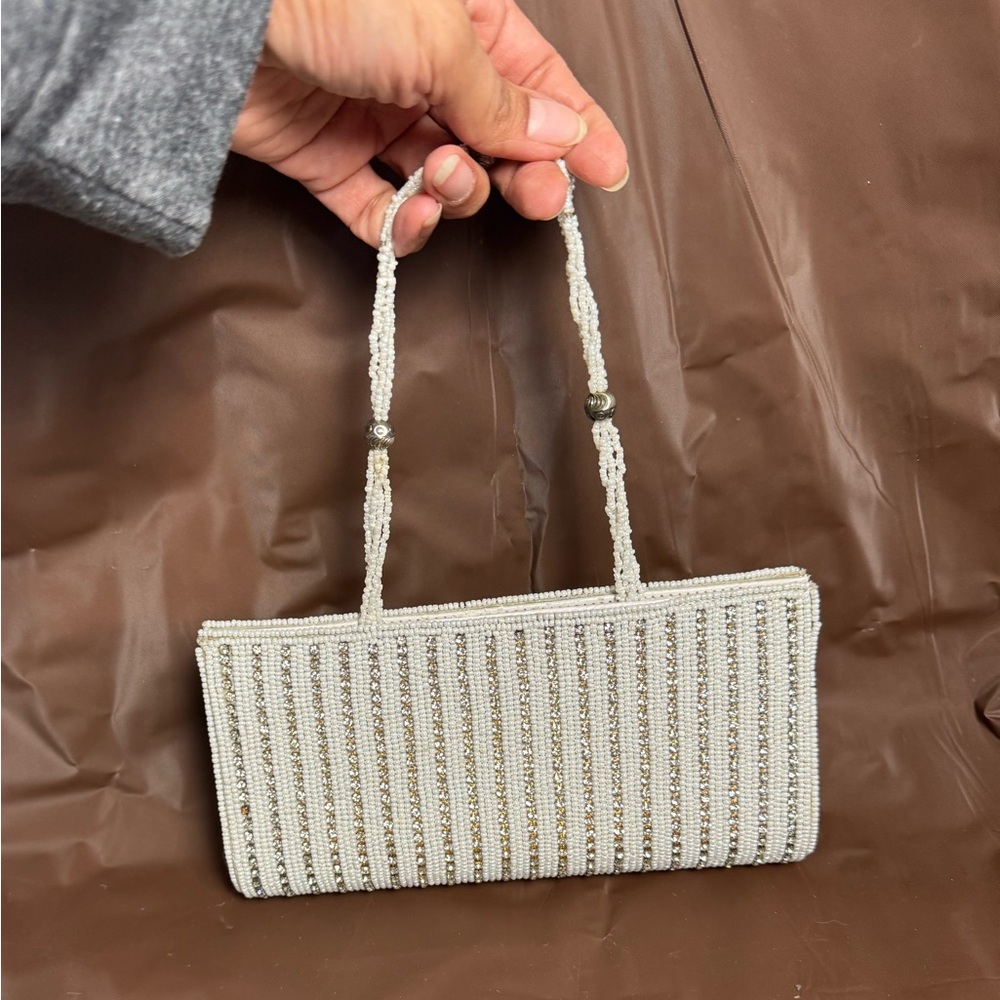 Beaded Ivory & Crystal Evening Bag Clutch with Strap